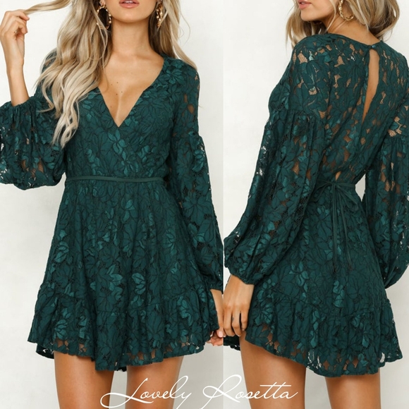 Green V-Neck Lace Dress - Picture 1 of 6